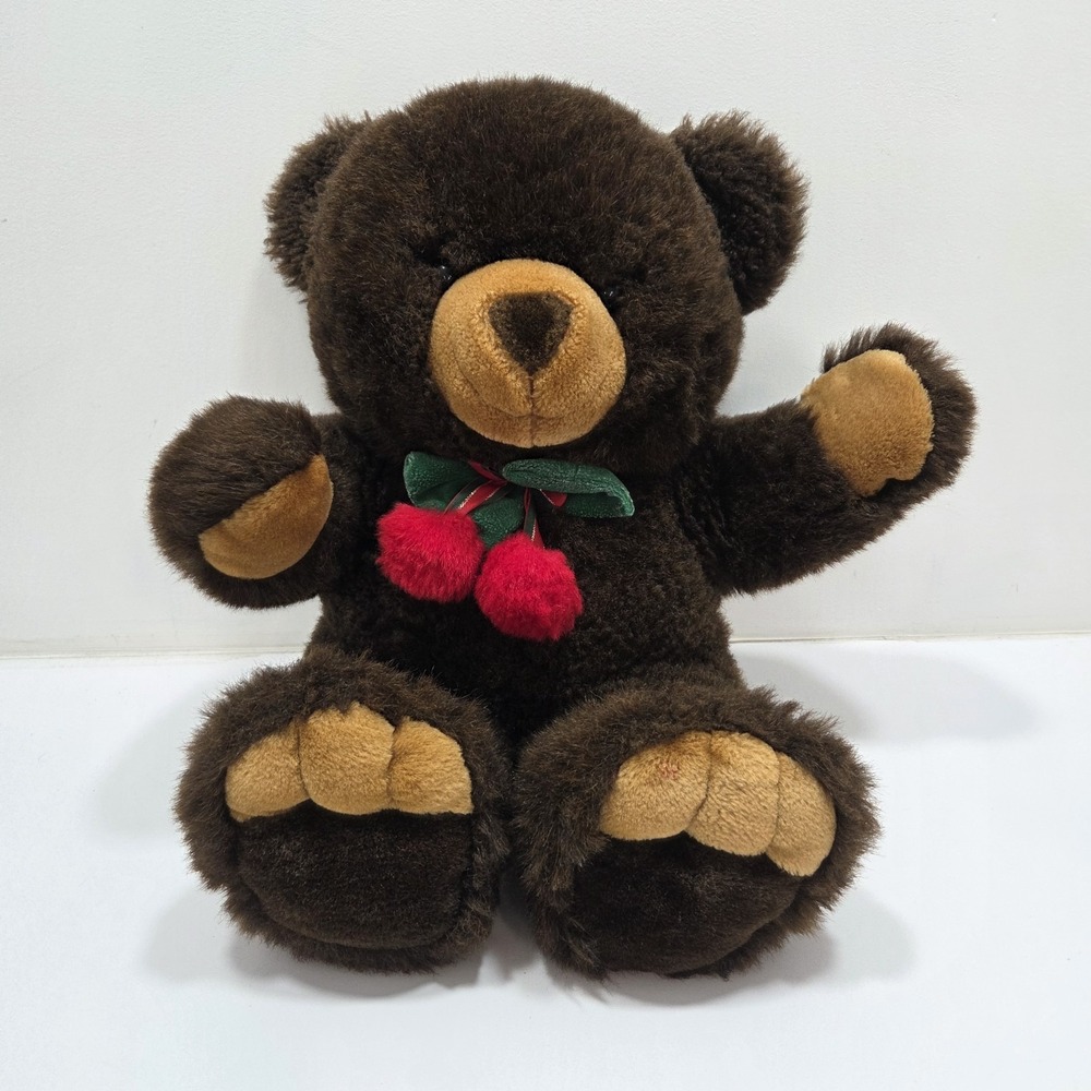 JC Penney Brown Bear with Christmas Bow and Red Pom Poms 23" Vintage
